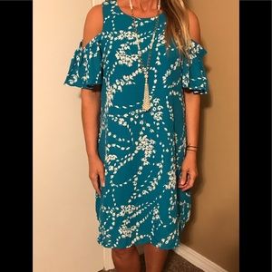 Cold shoulder teal dress